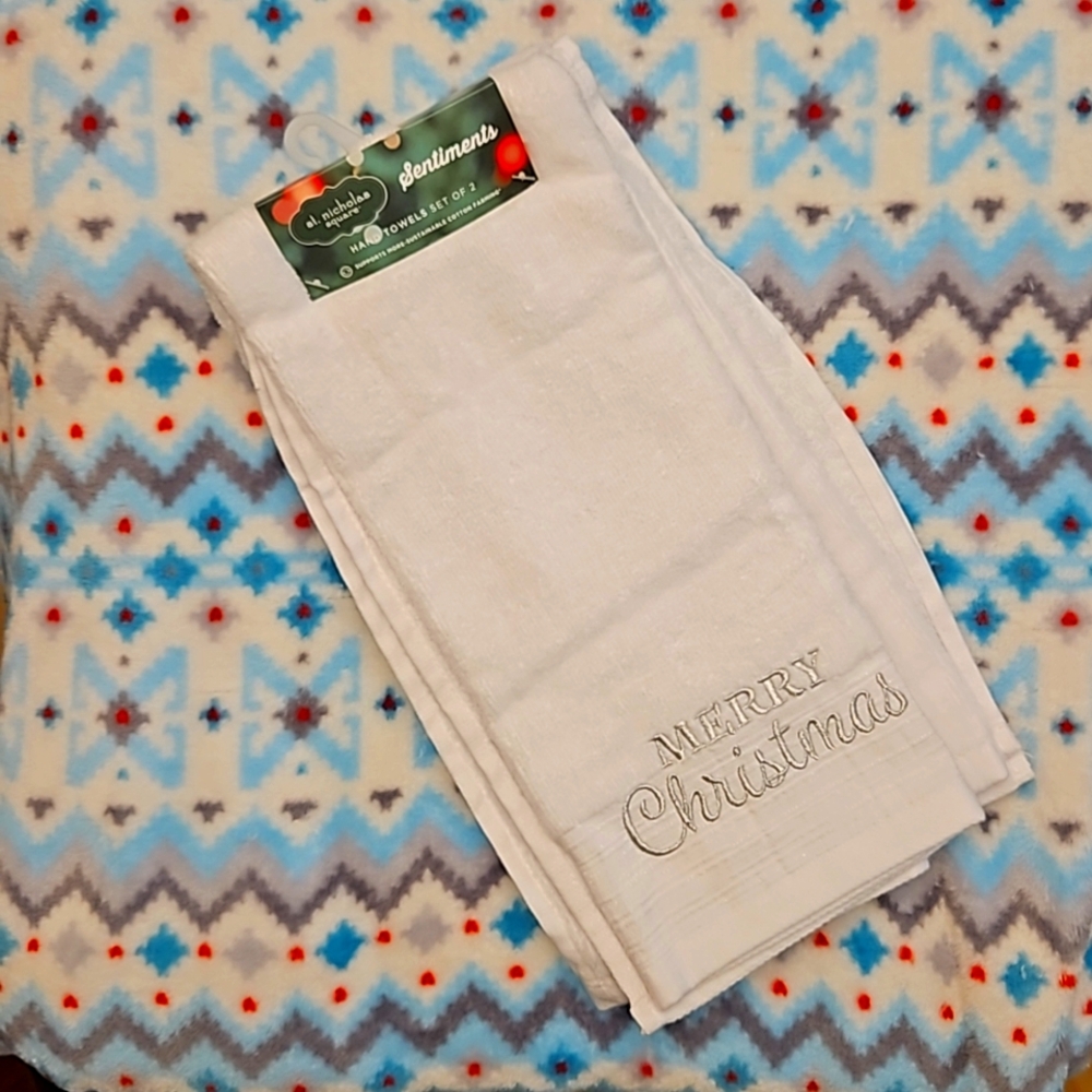 St Nicholas Square | Set of Two Hand Towels - New, White "Merry Christmas"